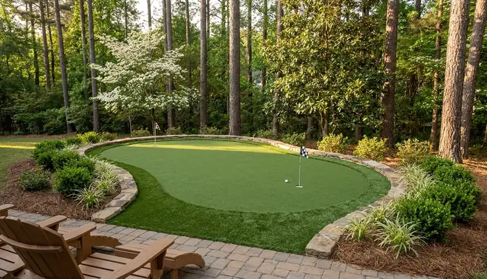 Backyard artificial putting green with natural stone border in Atlanta GA