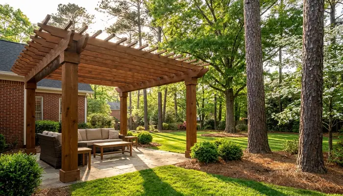Cedar wood pergola over a flagstone patio with outdoor seating in Atlanta GA