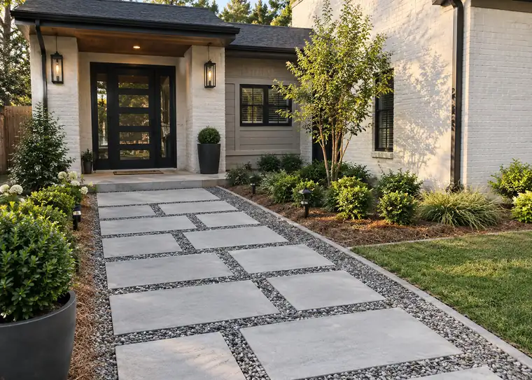Large concrete slab walkway with gravel joints leading to a modern front entry in Atlanta GA