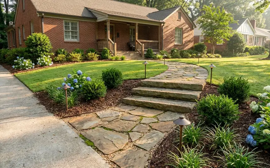 Flagstone walkway with stone steps and landscape lighting in Atlanta GA