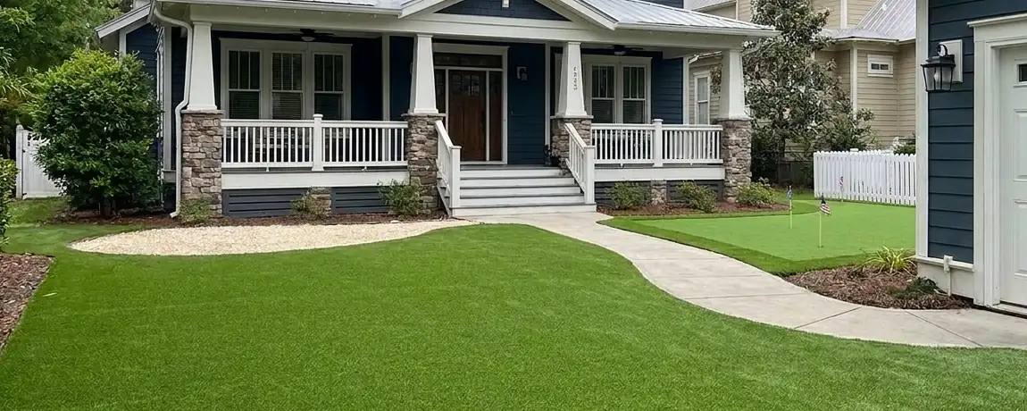 Front yard artificial turf lawn with curved walkway and putting green in Atlanta GA
