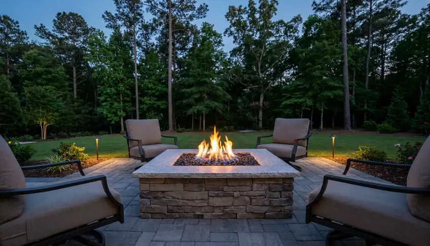 Square gas fire pit on a paver patio with lounge chairs in Atlanta GA