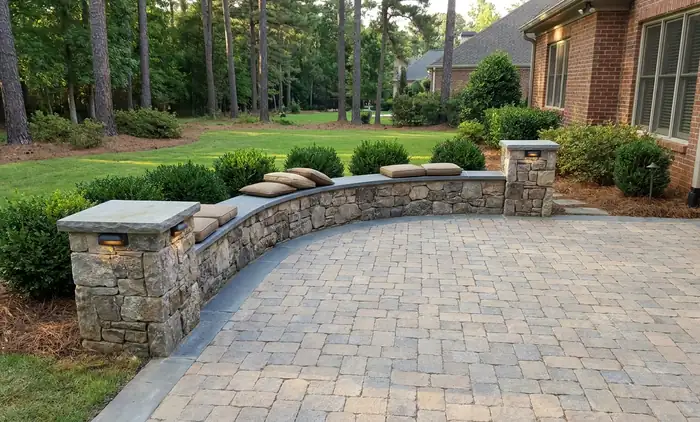 Paver patio with stone seat wall hardscaping in Atlanta GA