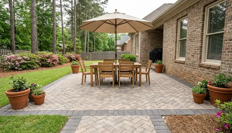 Herringbone paver patio with dining table and umbrella in Atlanta GA