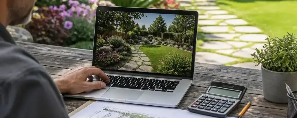 Landscape designer reviewing a 3D backyard design on a laptop in Atlanta GA
