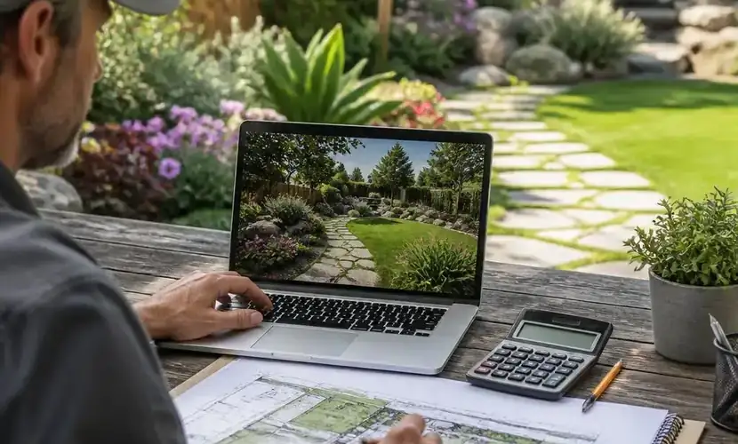 Landscape designer reviewing a backyard design plan in Atlanta GA