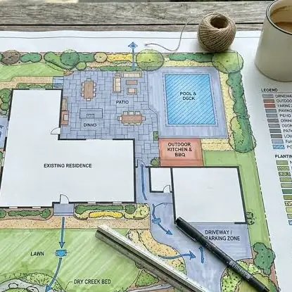 Color landscape design plan with patio, pool and outdoor kitchen for an Atlanta home