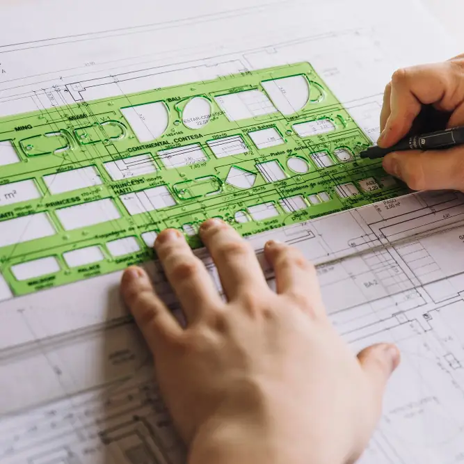 Landscape designer drafting a site plan with a template