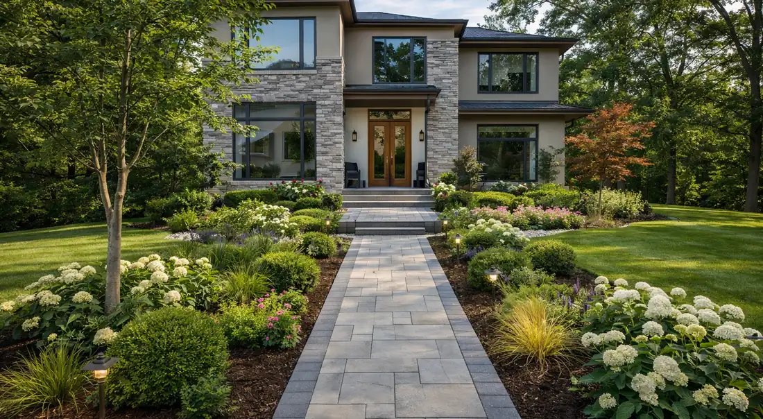 Front yard landscaping with paver walkway, hydrangea beds and path lights in Atlanta GA