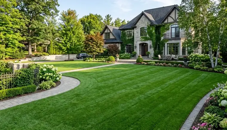 Striped lawn with curved paver edging and planting beds in Atlanta GA