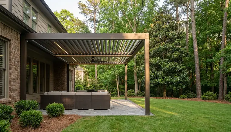 Modern louvered aluminum pergola over a paver patio in Atlanta GA