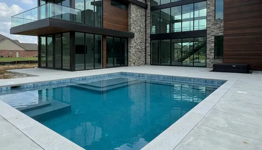 Modern geometric swimming pool with sun shelf behind a contemporary home in Atlanta GA