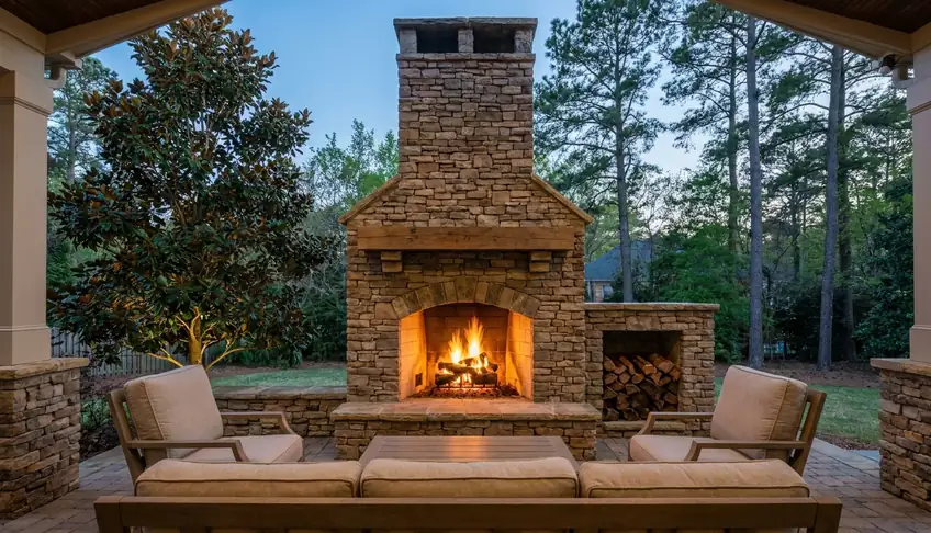 Covered patio with stone outdoor fireplace and firewood storage in Atlanta GA