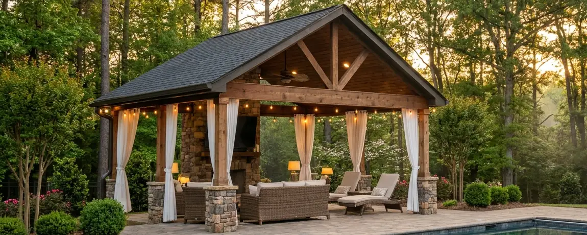 Poolside cabana pavilion with stone fireplace, curtains and string lights in Atlanta GA