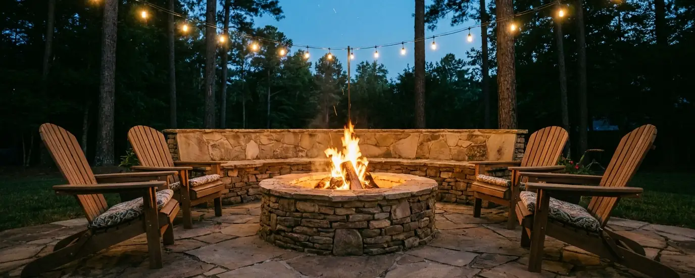 Round stone fire pit with seating wall, Adirondack chairs and string lights in Atlanta GA