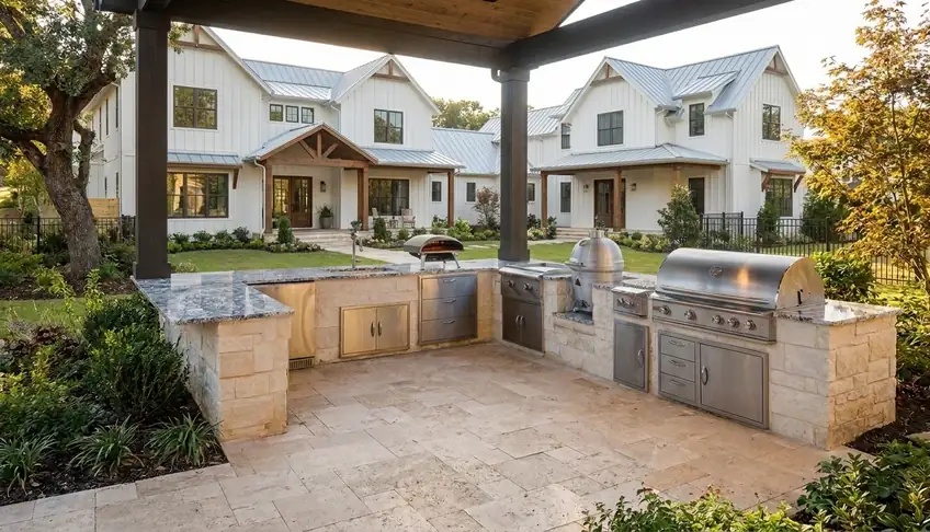 U-shaped stone outdoor kitchen with grill, smoker and pizza oven in Atlanta GA