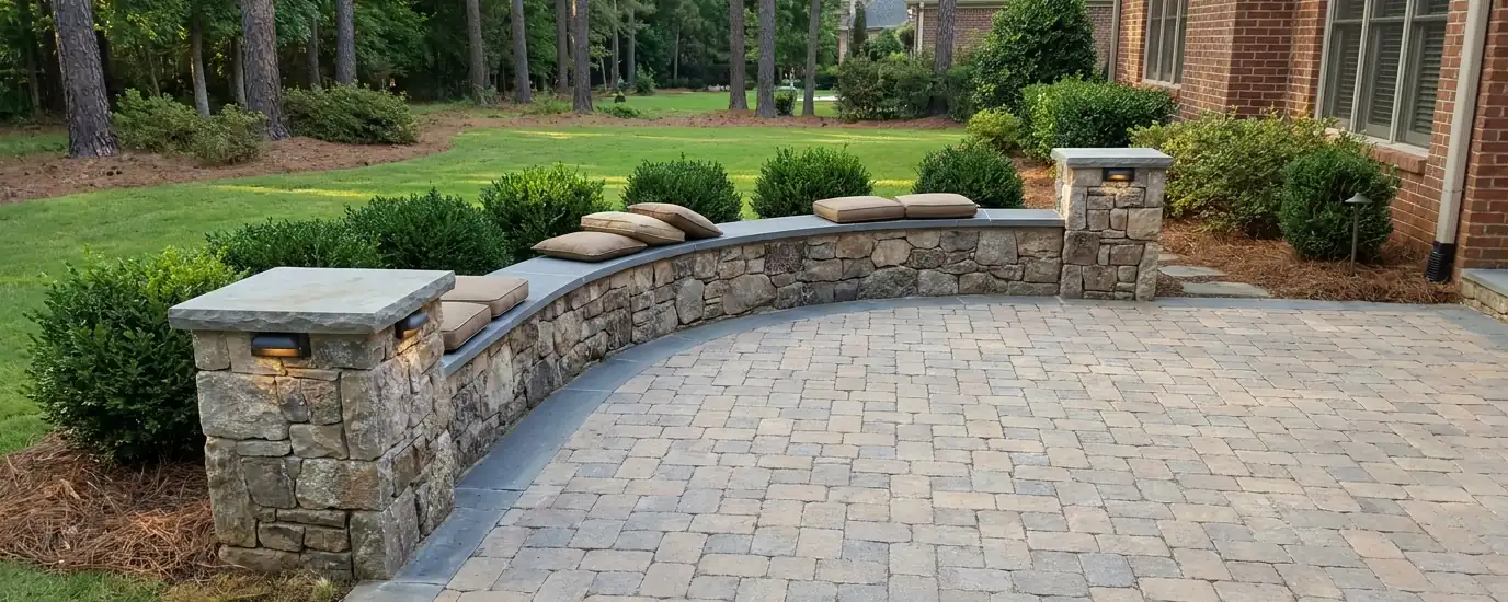 Paver patio with curved natural stone seat wall and pillar lights in Atlanta GA
