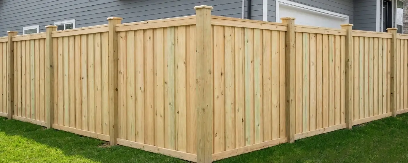 New pressure-treated wood shadowbox privacy fence around a backyard in Atlanta GA